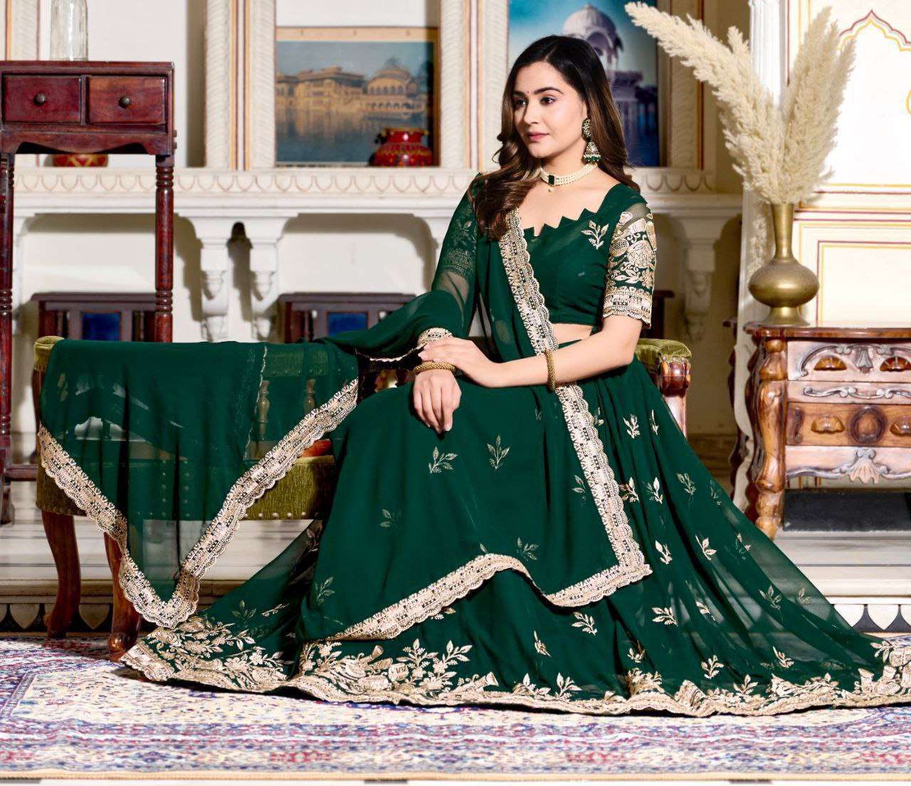 Doli - Bottle Green Soft Georgette Partywear Sider Lehenga Choli