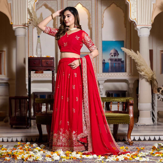 Doli - Royal Red Soft Georgette Partywear Sider Lehenga Choli