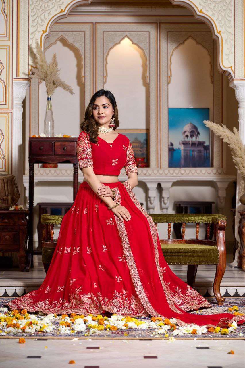 Doli - Royal Red Soft Georgette Partywear Sider Lehenga Choli