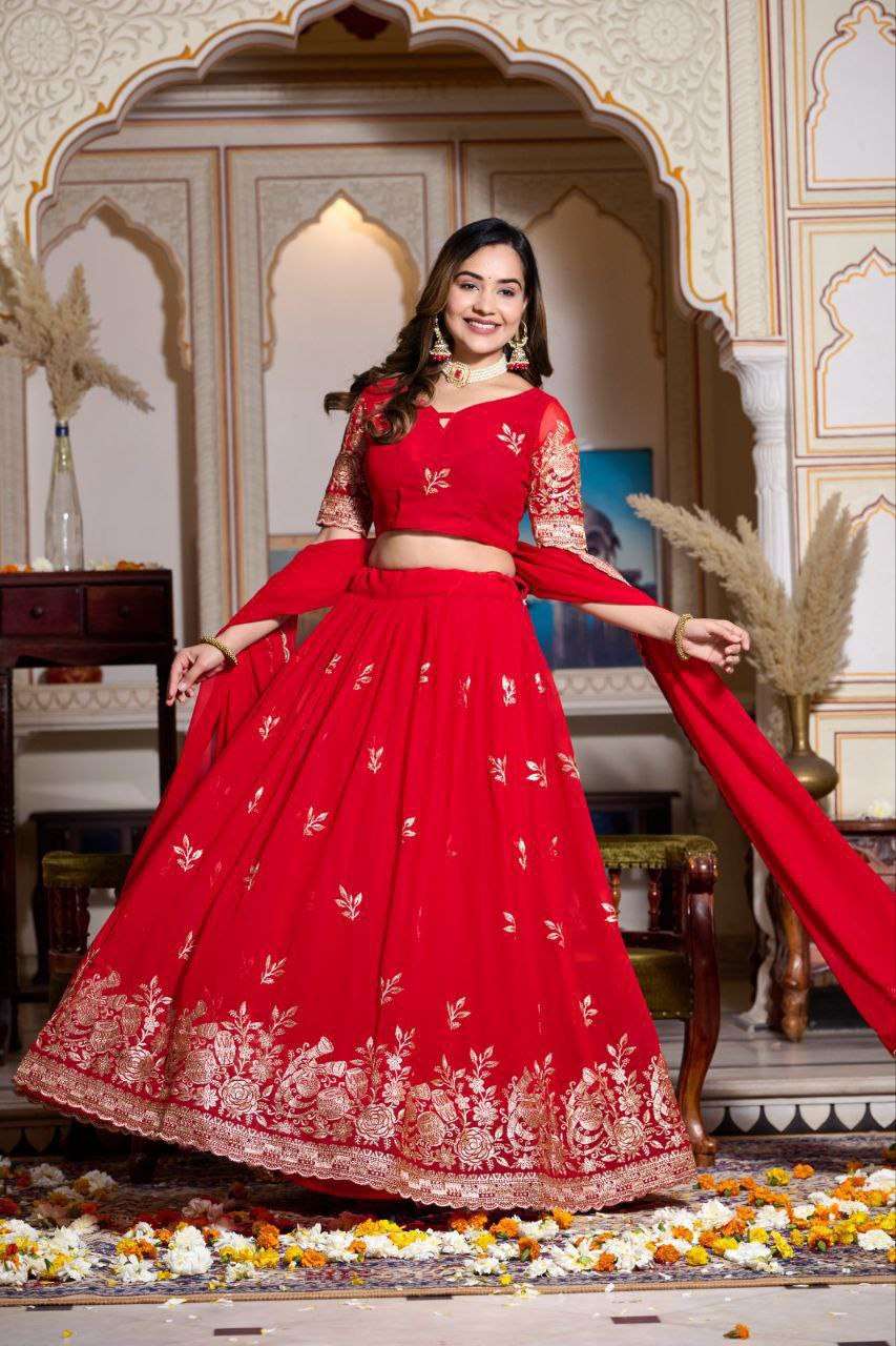 Doli - Royal Red Soft Georgette Partywear Sider Lehenga Choli