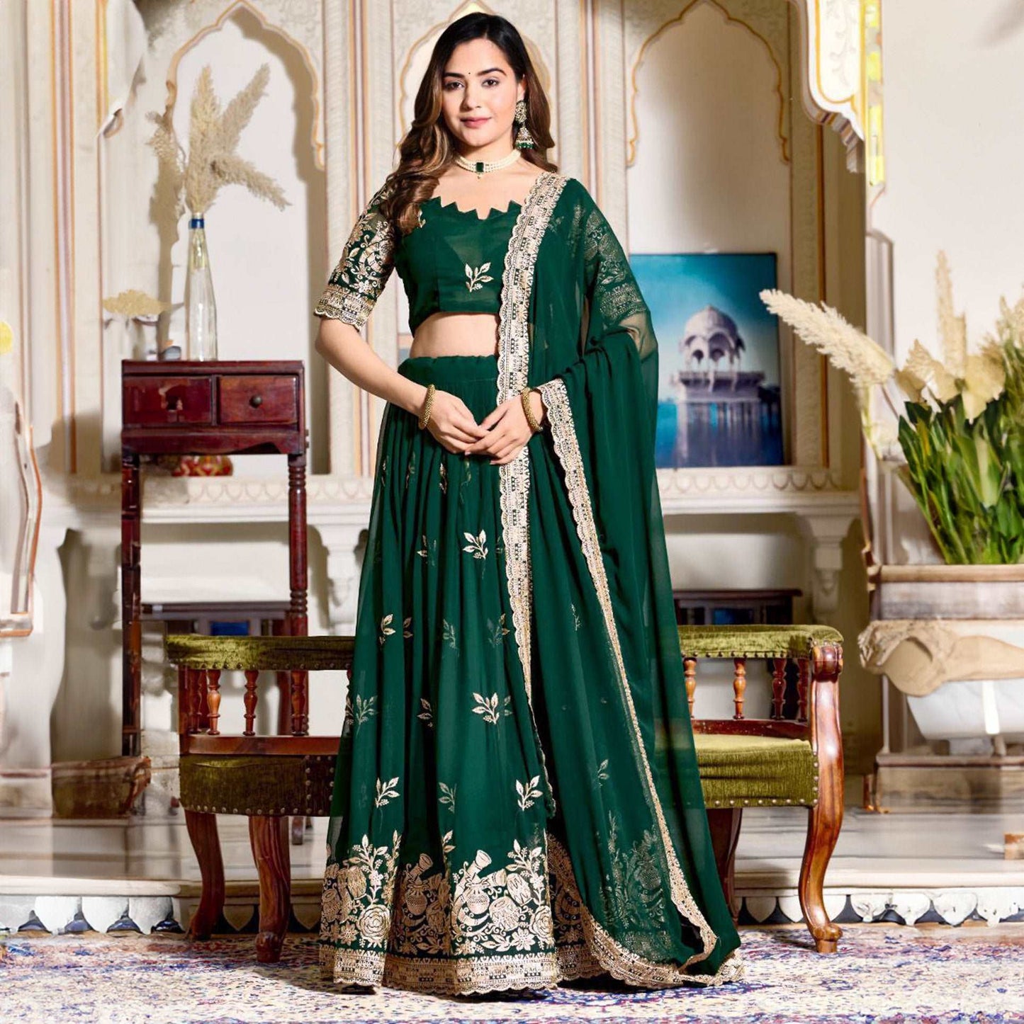 Doli - Bottle Green Soft Georgette Partywear Sider Lehenga Choli