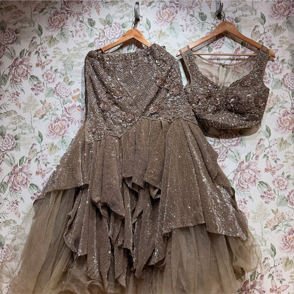 Bronze net fish-cut lehenga set with sequin bodice and ruffled tiered skirt
