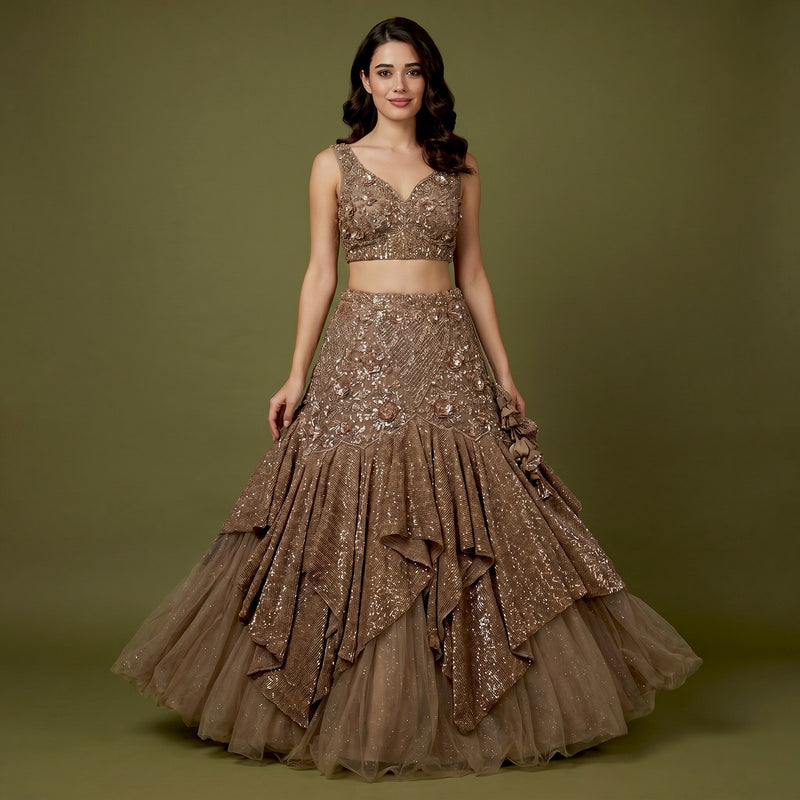 Bronze Brown Net Fish Cut Lehenga with Sequin Ruffle Tiers and 3D Floral Handwork for Engagement & Sangeet