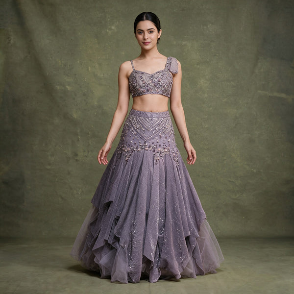 Mauve Lavender Net Fish Cut Lehenga with Sequin Ruffle Skirt and Pearl Floral Handwork for Engagement & Sangeet