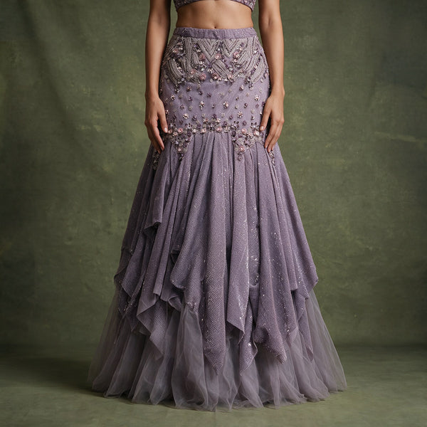 Mauve-lavender embellished lehenga skirt with glitter dots and layered ruffle panels
