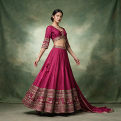 Rani pink lehenga with zari-mirror borders and embroidered blouse, 3/4 sleeves