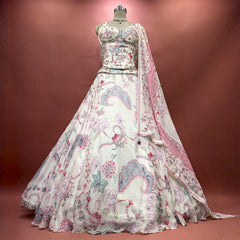 Off white printed silk corset lehenga set with dupatta on mannequin