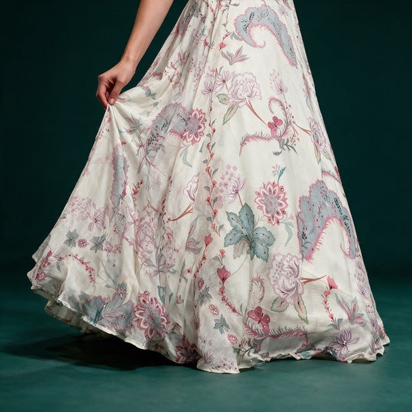 Off-white floral print lehenga skirt with gathered tiers and corset-style bodice