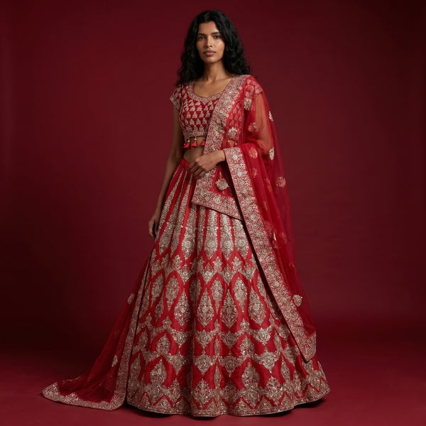 Deep red bridal lehenga with gold zari motif border and flared skirt