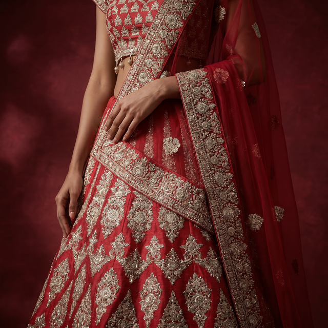 Red lehenga skirt close-up with ornate gold zari floral embroidery and striped border