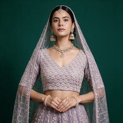 Close-up of a lavender net V-neck blouse with leaf-lattice embroidery and honeycomb lattice net dupatta