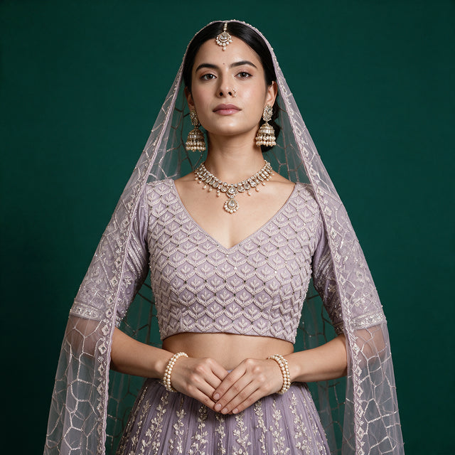 Close-up of a lavender net V-neck blouse with leaf-lattice embroidery and honeycomb lattice net dupatta