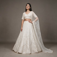 Jazzagals - Ready-to-Wear Off White Net Sequin & Stone Lehenga