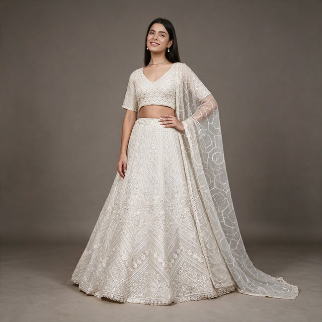 Jazzagals - Ready-to-Wear Off White Net Sequin & Stone Lehenga
