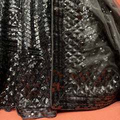Black net sequin lehenga with silver sparkle pattern detail on bodice and sleeves