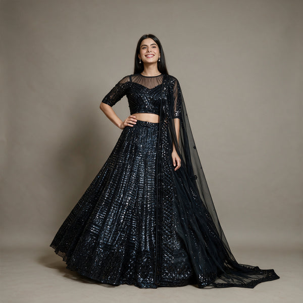 Jazzagals - Ready-to-Wear Black Net Sequin Cocktail Lehenga
