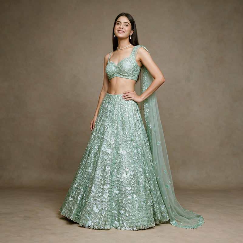 Jazzagals - Pista Green Net Sequin Bollywood Style Lehenga, Semi-Stitched with Customisable Blouse