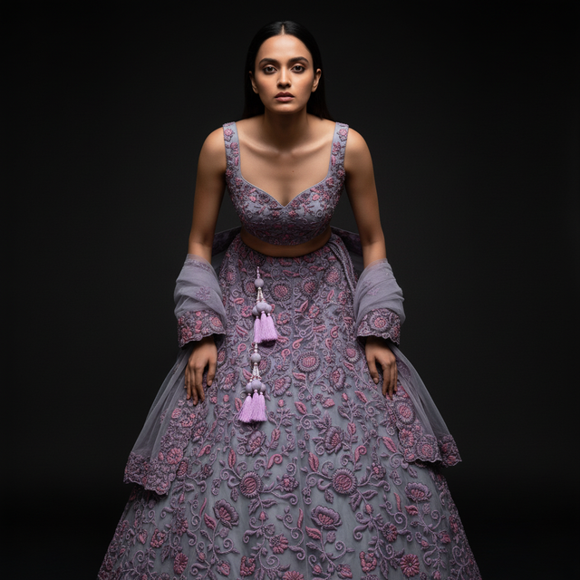 Embroidered purple lehenga set with ornate bodice, hanging tassel detail and sheer net