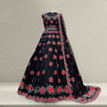 Black lehenga with red and blue floral handwork embroidery, flared skirt and dupatta