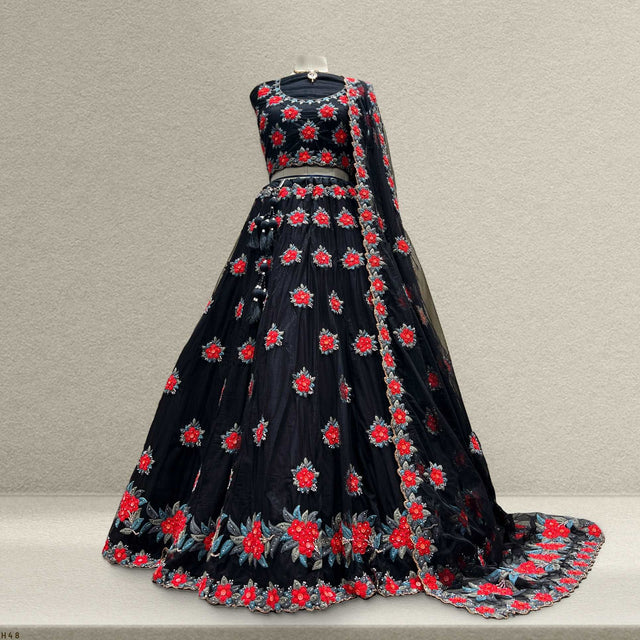 Black lehenga with red and blue floral handwork embroidery, flared skirt and dupatta