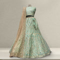 Velvet designer lehenga in aqua teal with mirror work and gold trim, flared skirt