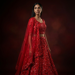 Red lehenga choli with embellished floral bodice, sheer cape dupatta, and full skirt