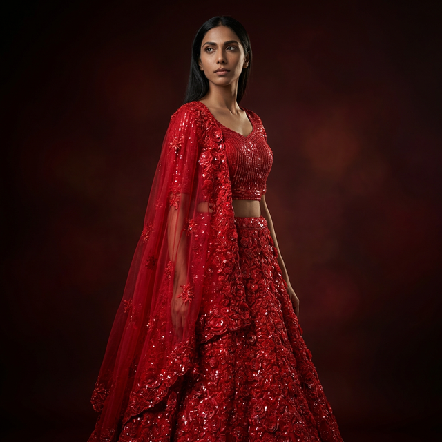 Red sequin lehenga with fitted blouse, long sheer embroidered dupatta