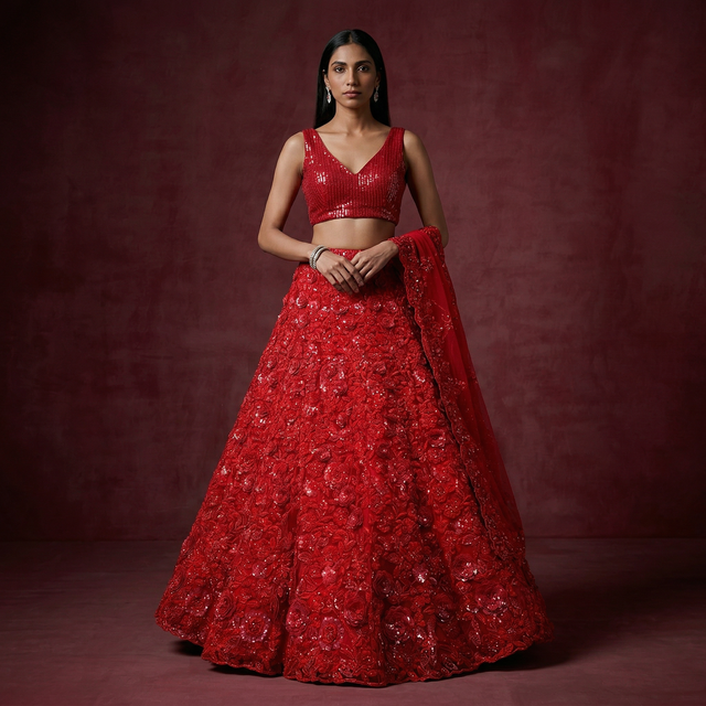 Red beaded lehenga set with sleeveless crop blouse and flared sequin skirt