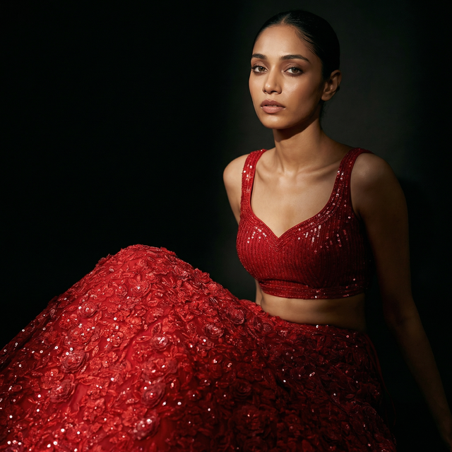 Red embellished lehenga set with beaded bralette and voluminous sequin skirt