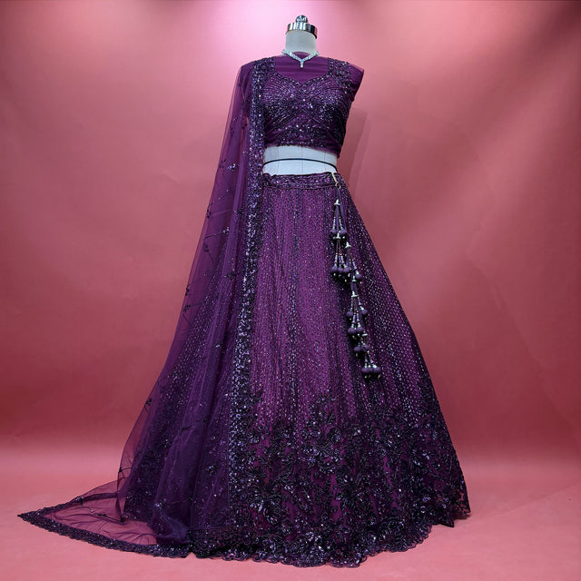 Wine purple sequined lehenga with matching sheer dupatta