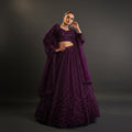 Wine purple sequined lehenga set with cropped blouse and matching dupatta