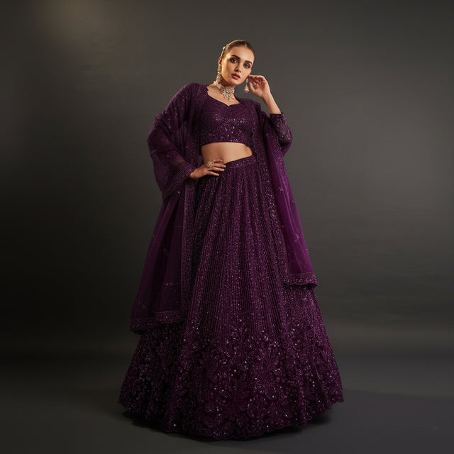 Wine purple sequined lehenga set with cropped blouse and matching dupatta