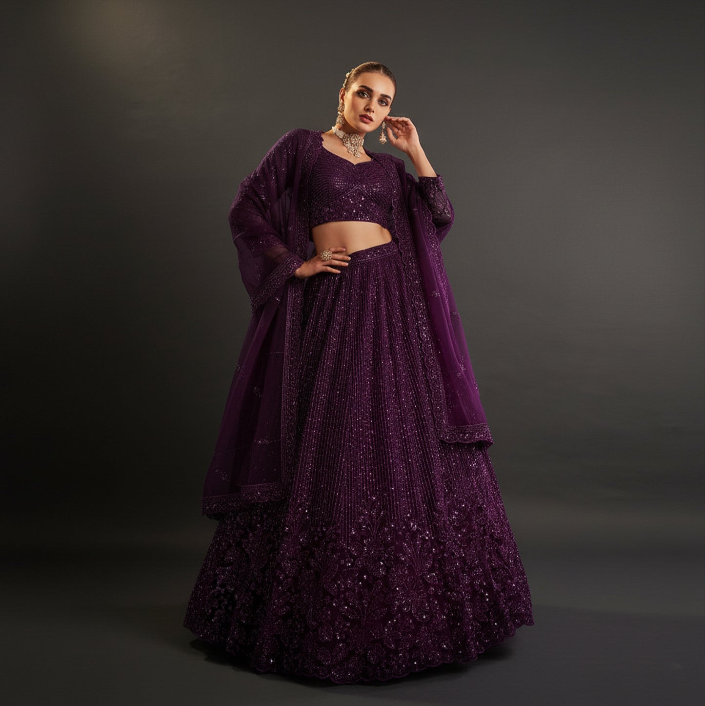 Jazzagals - Designer Replica Monotone Handwork Couture Lehenga Wine