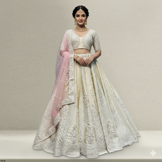 Damsel - Raw Silk Handwork Ivory Couture Lehenga
