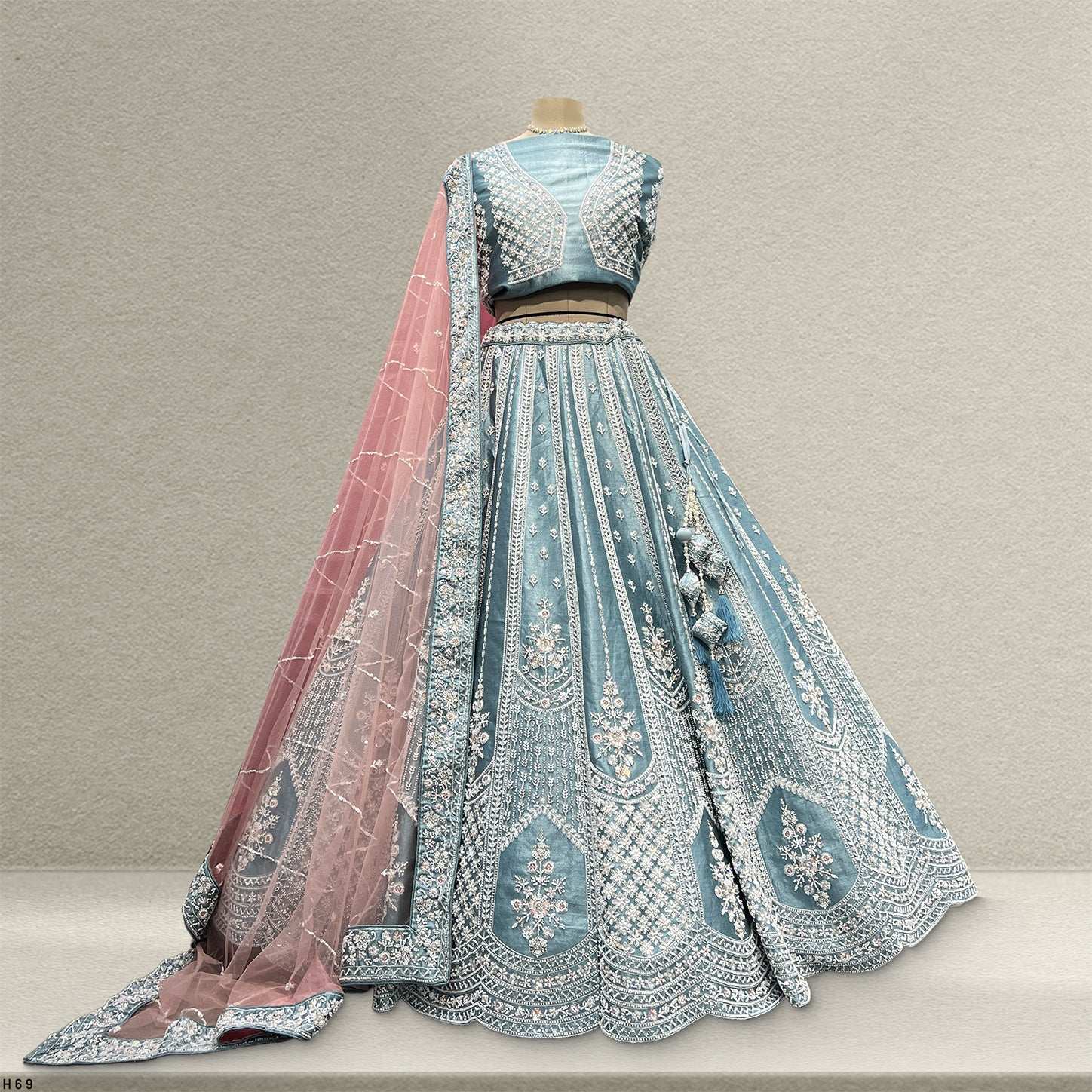 Damsel - Raw Silk Handwork Powder Blue Couture Lehenga
