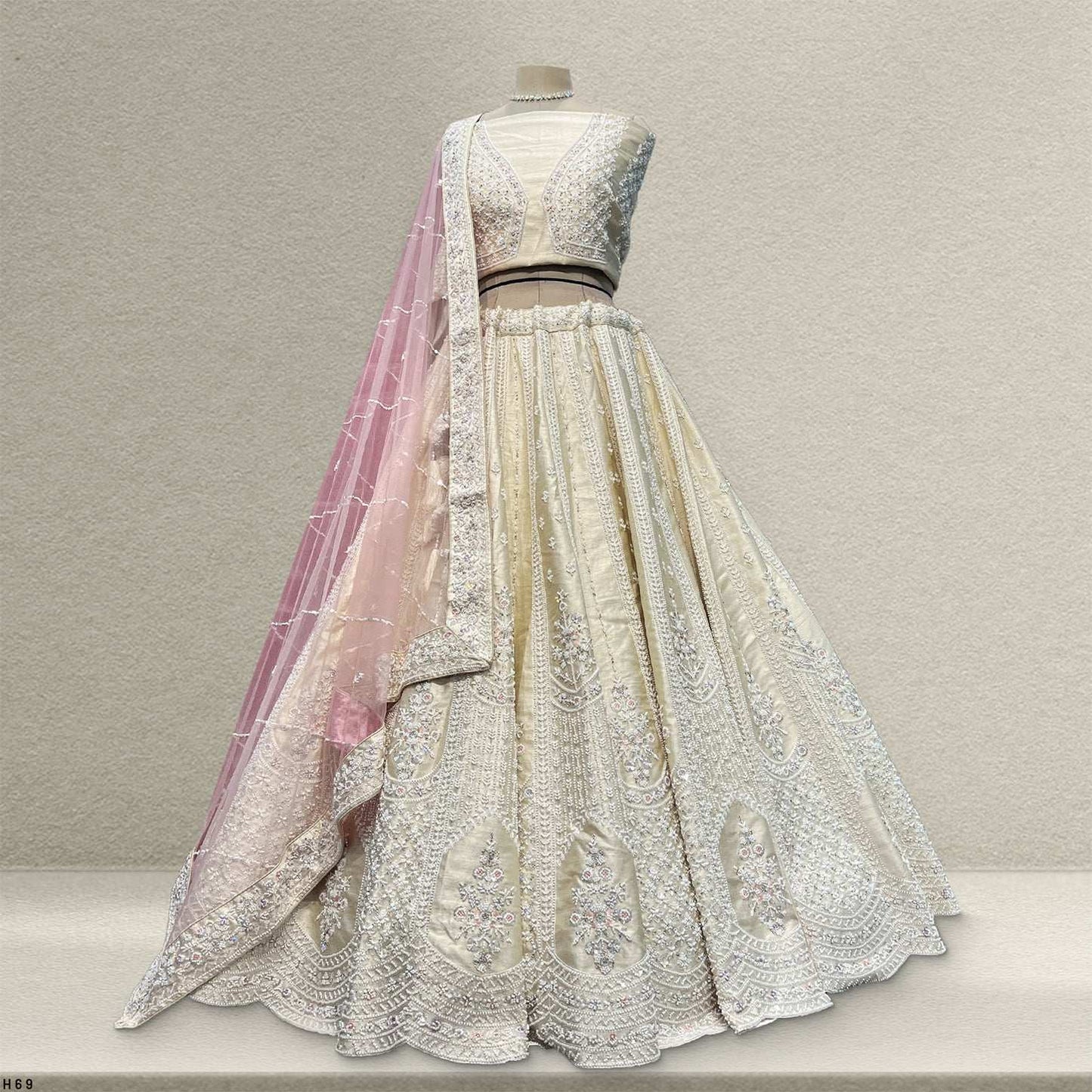 Damsel - Raw Silk Handwork Ivory Couture Lehenga