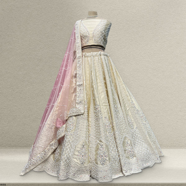 Damsel - Raw Silk Handwork Ivory Couture Lehenga