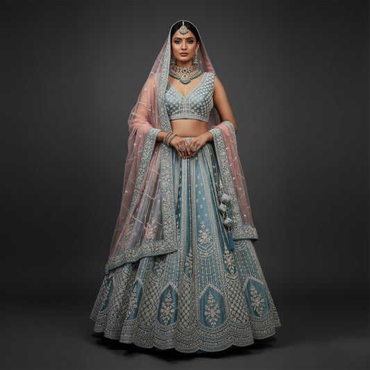 Damsel - Raw Silk Handwork Powder Blue Couture Lehenga