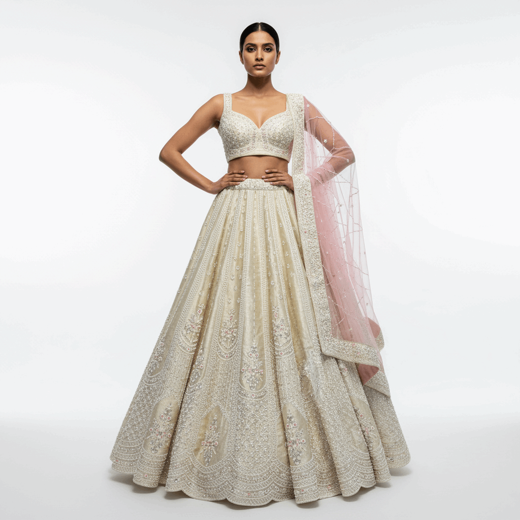 Damsel - Raw Silk Handwork Ivory Couture Lehenga