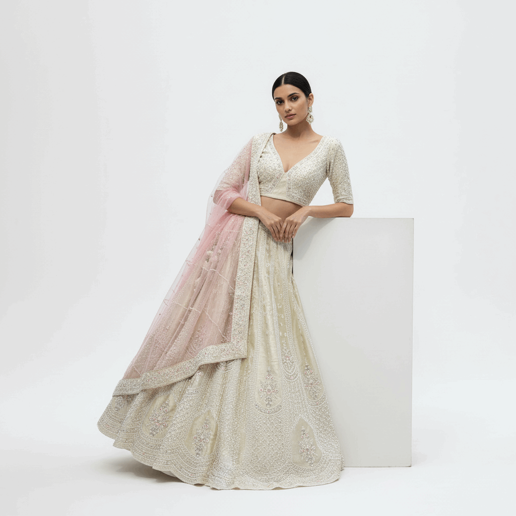 Damsel - Raw Silk Handwork Ivory Couture Lehenga