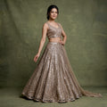 Model in an ivory gold net lehenga with vertical columns of small mirrors, a mirror-edged hem, sleeveless V-neck mirror blouse and a net dupatta against an olive backdrop