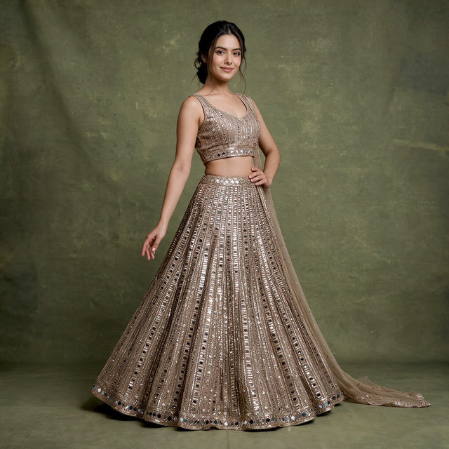 Model in an ivory gold net lehenga with vertical columns of small mirrors, a mirror-edged hem, sleeveless V-neck mirror blouse and a net dupatta against an olive backdrop