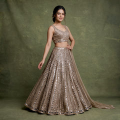 Damsel: Ivory Gold Net Mirror Handwork Reception Cocktail Lehenga