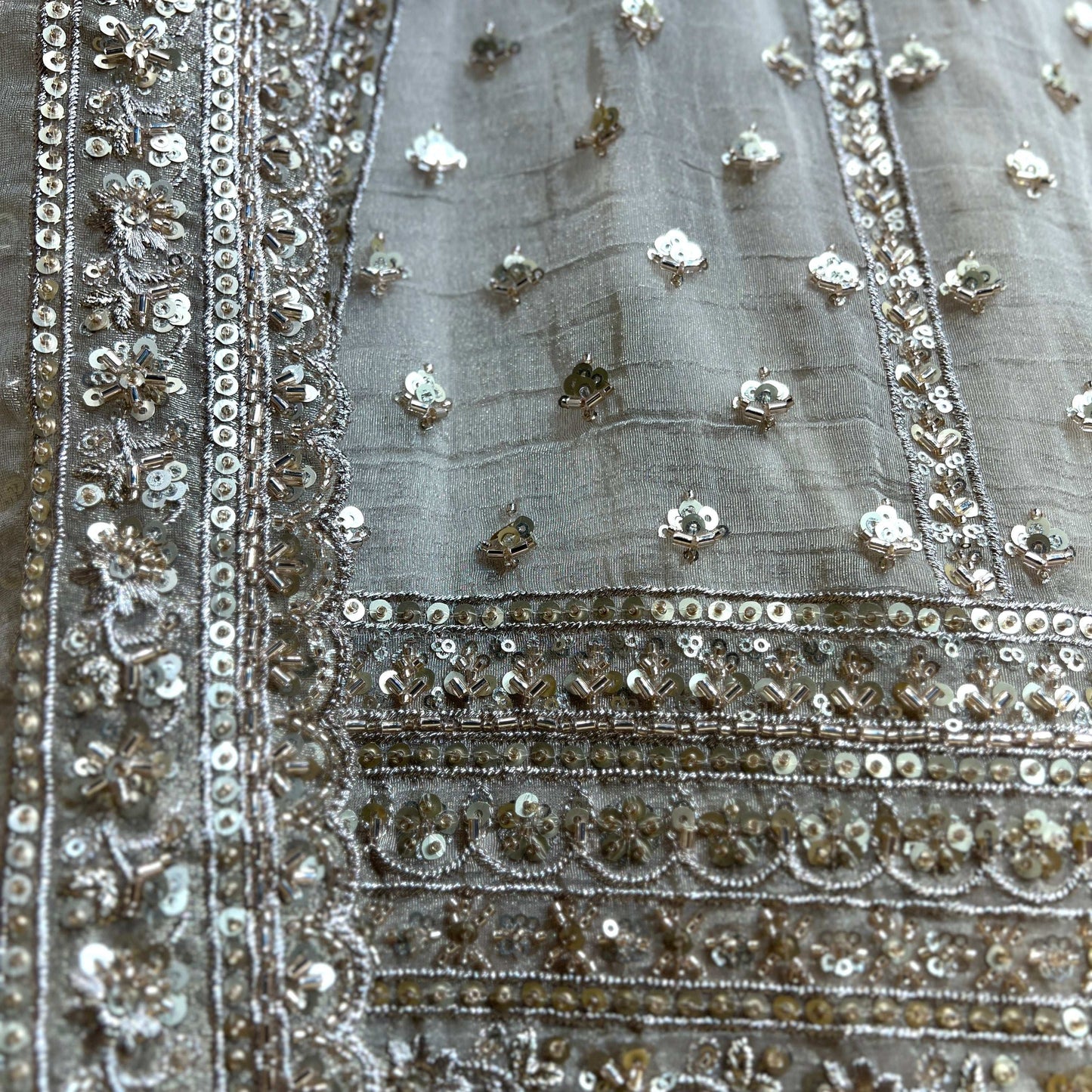 Damsel - Tissue Silk Handwork Ivory Couture Designer Lehenga