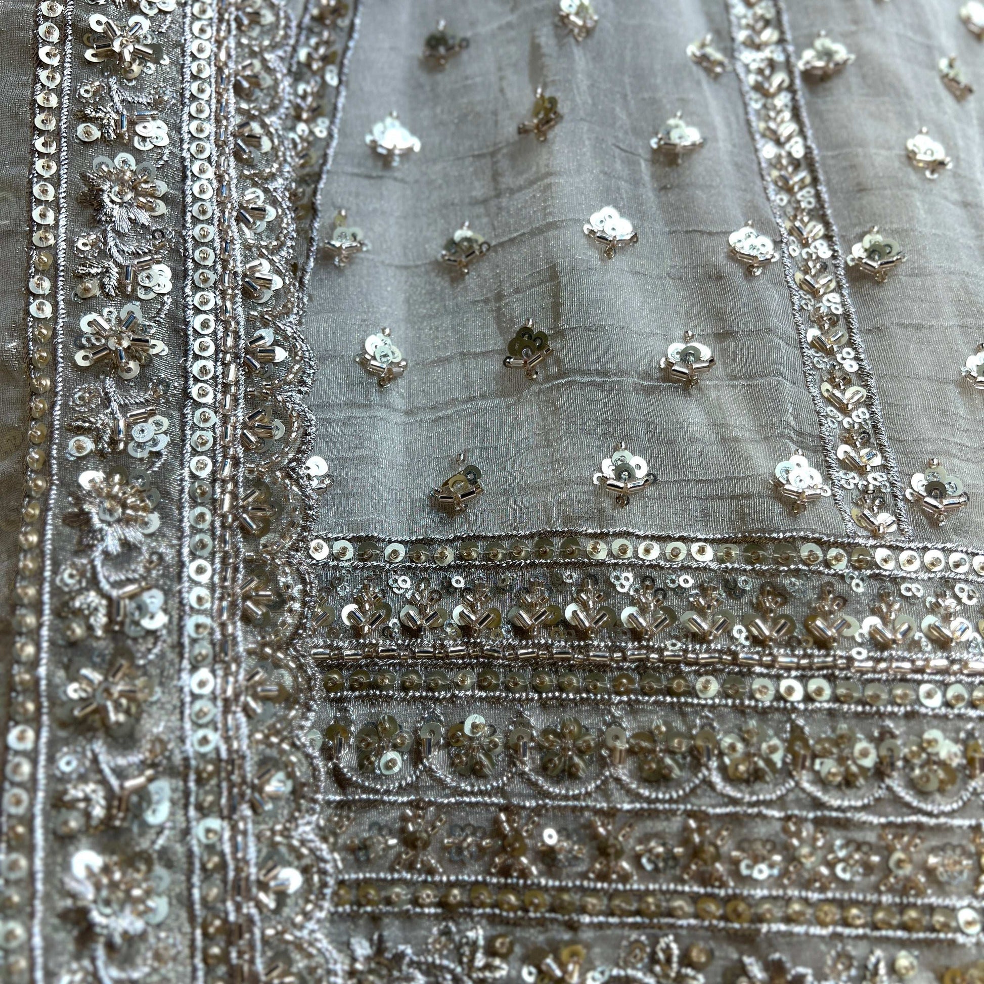 Damsel - Tissue Silk Handwork Ivory Couture Designer Lehenga