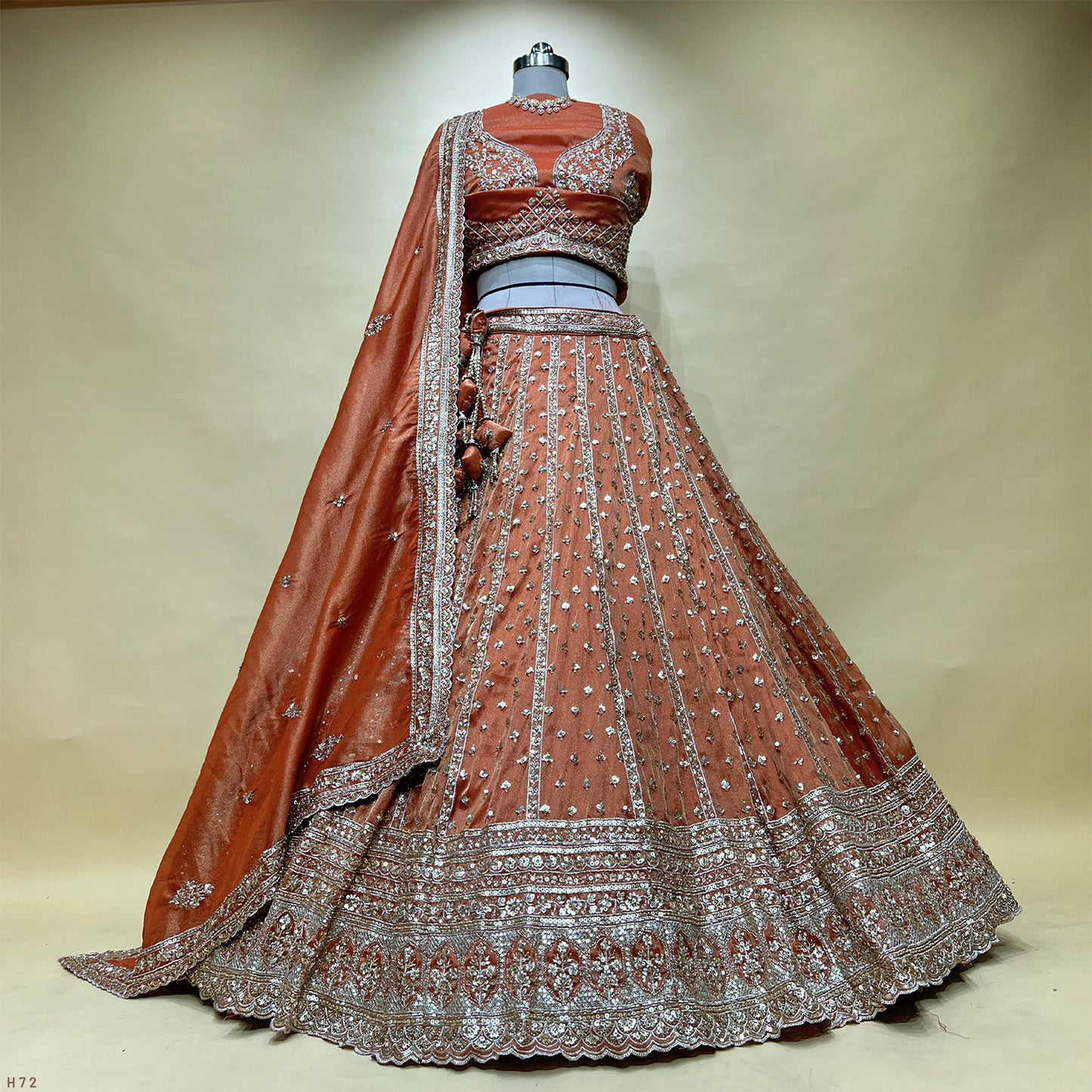 Damsel - Tissue Silk Handwork Rust Orange Couture Designer Lehenga