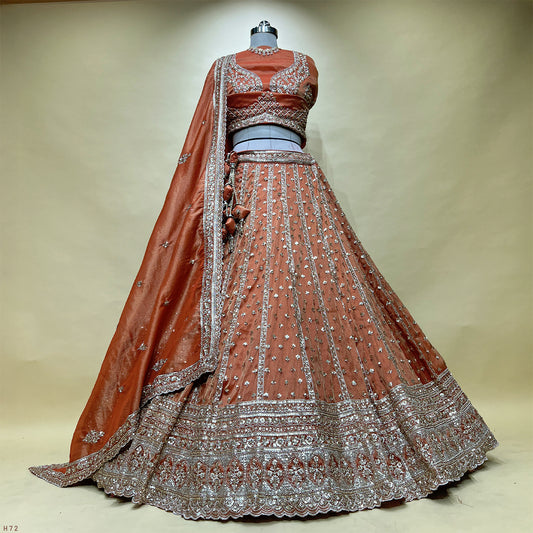 Damsel - Tissue Silk Handwork Rust Orange Couture Designer Lehenga