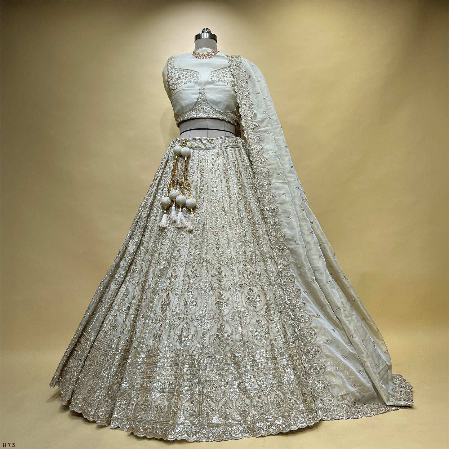 Damsel - Tissue Silk Handwork Ivory Couture Designer Lehenga