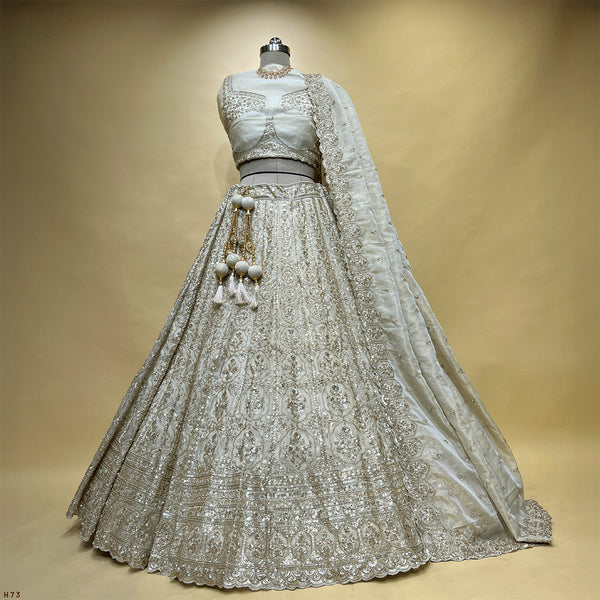 Damsel - Tissue Silk Handwork Ivory Couture Designer Lehenga