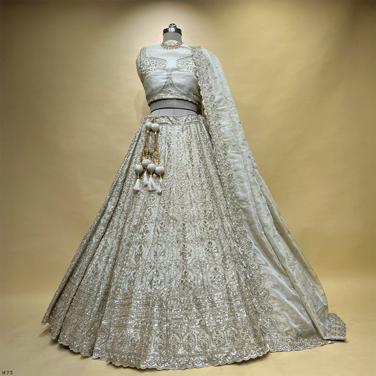 Damsel - Tissue Silk Handwork Ivory Couture Designer Lehenga